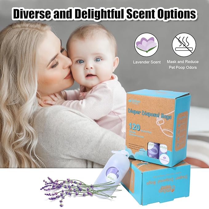 USBOO Disposable Diaper Bags for Baby | 8 Refill Rolls (120 Pack) | Lavender Scented | Baby Poop Bags with Dispenser | Essential for Travel and Quick Change on The Go