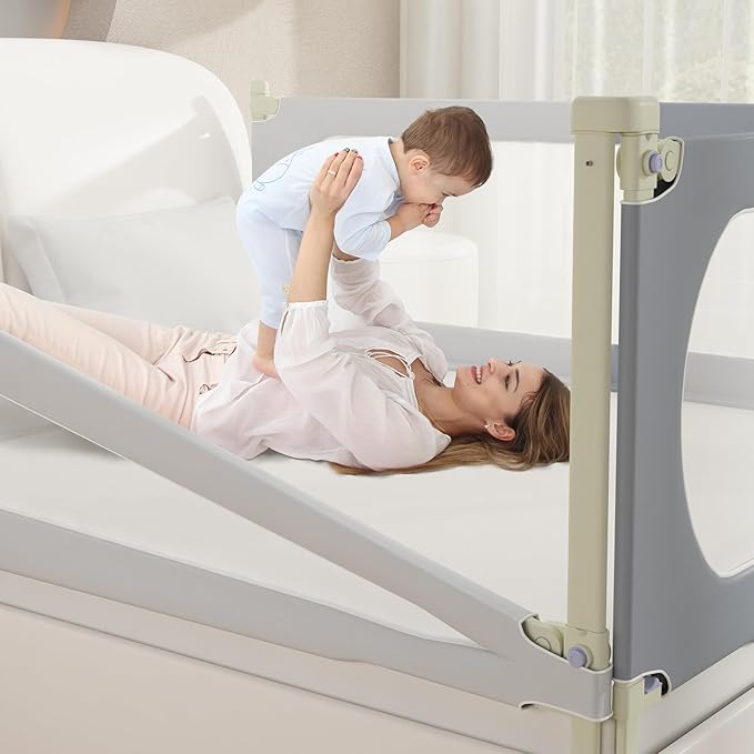 Bed Rail for Toddlers Twin, Full, Queen, King & Cal kingMattress Size | Swing Down Rail Guard | Mattress Side Rail for Kids (Gray and White, (3 Sides for Full Size) 75x75x54 Inch)