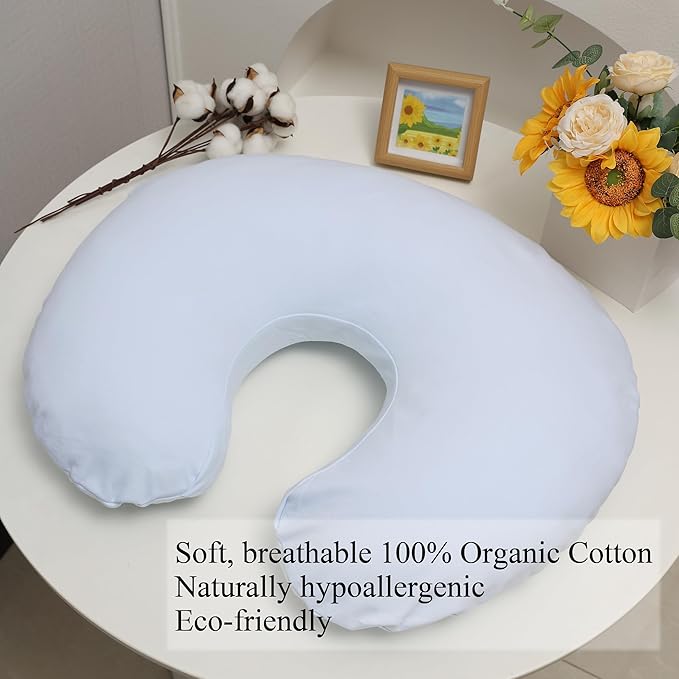 Onacosht 100% Organic Cotton Nursing Pillow Cover Soft Breathable Jersey Feeding Pillow Slipcover Fits Standard Infant Nursing Pillow for Baby Boy and Girl, Pastel Blue