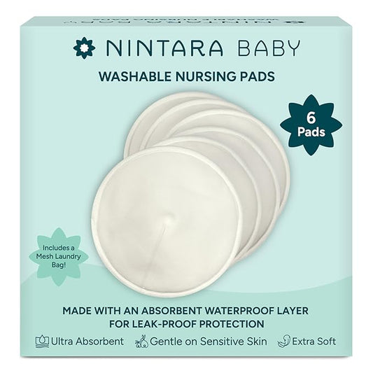 Nintara Baby Reusable Nursing Pads – Soft & Absorbent Breast Pads, Bamboo Viscose Blend, Contoured Fit, Leak-Resistant, Pack of 6 with Laundry Bag