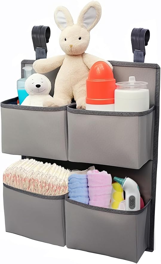 Hanging Diaper Organizer for Crib/Playpen/Bassinet – Hold 80+ Diapers - 4 Deep Pockets-H19in x L15 in Changing Table Diaper Holder - Hanging Diaper Storage Stacker Nursery Caddy - Gray