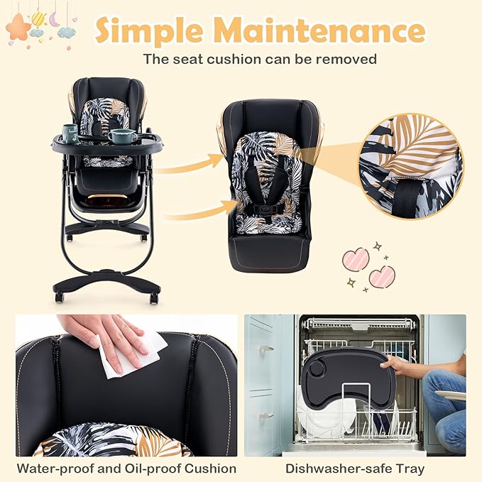 HONEY JOY Baby High Chair, Foldable High Chairs for Babies and Toddlers, Adjustable Heights, Recline Backrest & Footrest, Double-Layer Tray & Cushion, Portable Infant Highchair with Wheels (Black)