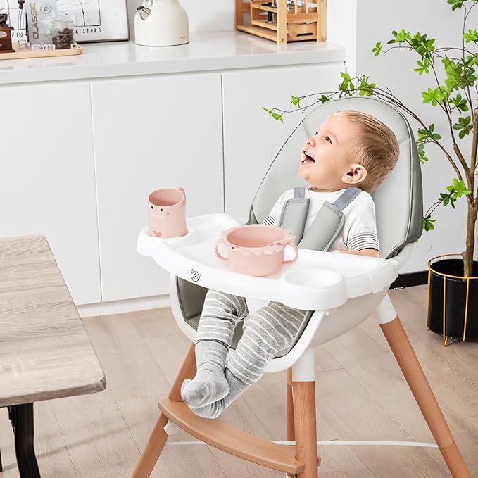 BABY JOY Baby High Chair, Wooden High Chair for Babies & Toddlers with Dishwasher Safe Double Removable Tray, Infant Feeding Chair with 5-Point Safety Harness & Detachable PU Seat Cushion (Gray)