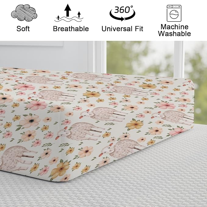 Cute Lambs Boho Retro Flowers Changing Pad Covers Lovely Sheep Floral Diaper Change Table Cover for Baby Boys Girls Soft Breathable Stretch Snug Fitted Changing Mat Sheets 32''x16''