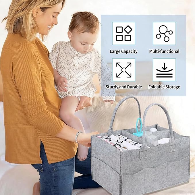 2 Pack Diaper Caddy Organizer, Portable Baby Caddy Organizer with Handle, Collapsible Nursery Storage Bin and Gift Baskets for Girls and Boys - Newborn Essentials, Baby Shower Gifts (Gray)