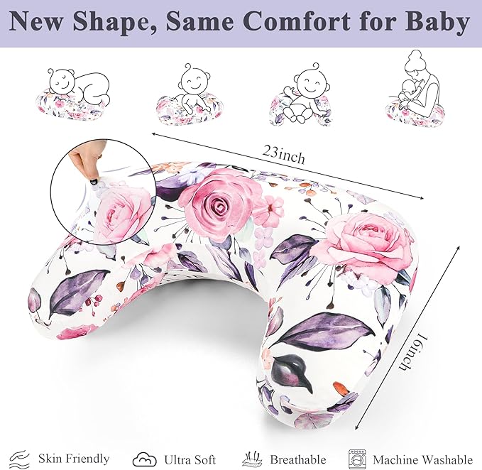 Pea Pod Nursing Pillow Cover, Soft Stretchy Nursing Cover for New-Designed Breastfeeding Pillow, Removable Feeding Slipover for Baby Boy and Girls, Pink Floral Pattern