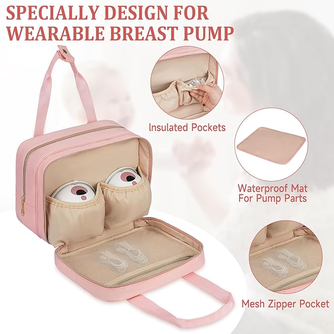 Breastmilk Cooler Travel Bag, Wearable Breast Pump Storage Bag Compatible with Momcozy/Eufy/Elvie/Willow/Medela Breast Pump with Ice Pack and Waterproof Mat,Pink