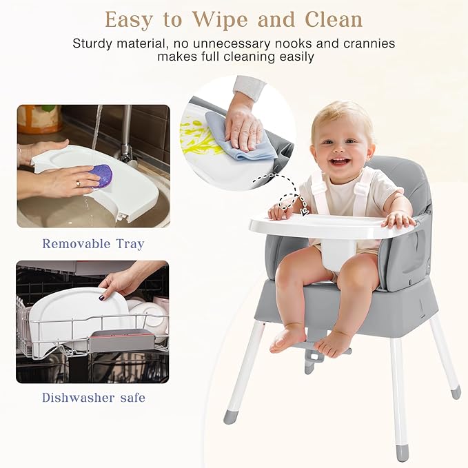 5 in 1 Foldable Baby High Chair,Convertible Highchair for Babies and Toddlers-Portable Infant Booster Seat,Carry Small Box,Dining Chair,Toddler High Chair with 5-Point Harness,Removable Tray-Grey