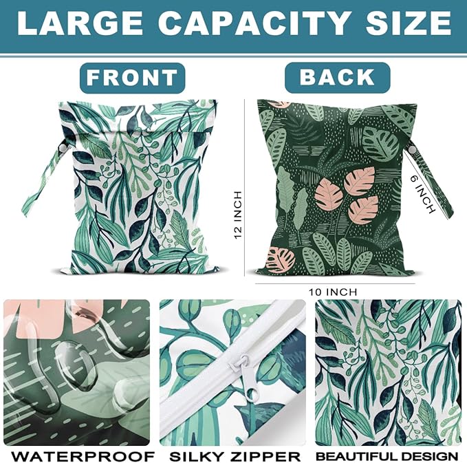 2Pcs Tropical Wet Bag 12x10 Inch, Plant Waterproof Reusable Wet Dry Bags, Leaves Washable Travel Laundry Bags for Swimsuit Beach Diapers Dirty Yoga Gym Clothes, Plants Gifts for Women Friend