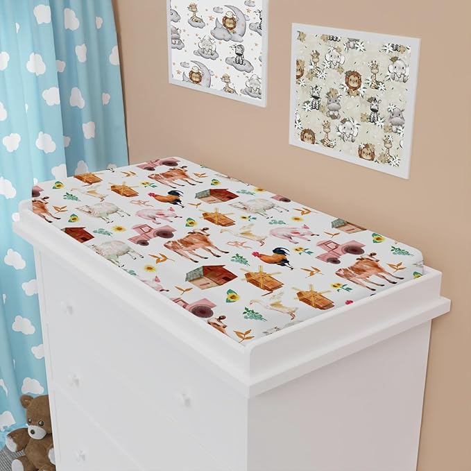 Watercolor Farm Animals Changing Pad Cover Barn Cow Lamb Chicken Pig Hen Duck Tractor Diaper Change Table Cover Sheets for Boys Girls Soft Stretchy Fitted Changing Mat Sheets
