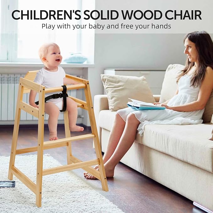 Wooden High Chairs for Babies and Toddlers, Restaurant-Style Stackable High Chair with Commercial Grade Solid Wood for Dining Table & Kitchen, Easy to Clean Baby Booster Seat -Natural
