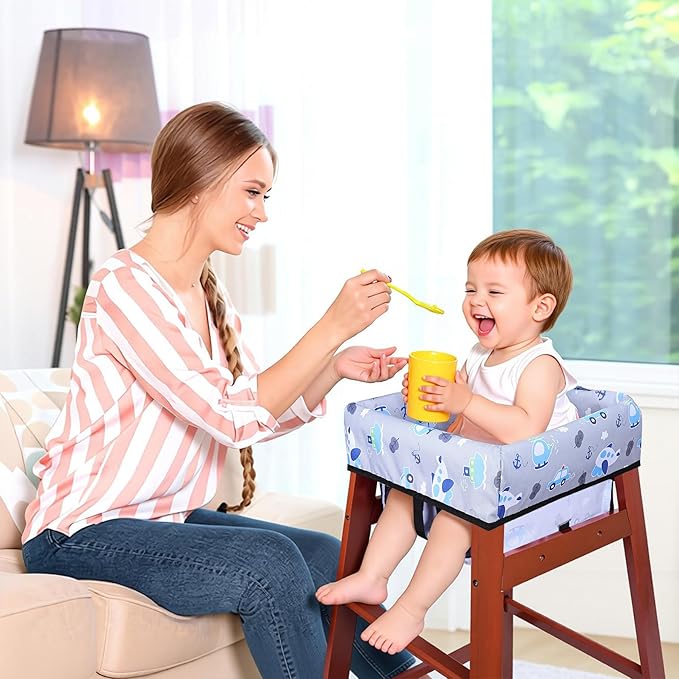 High Chair Cover, Baby High Chair Cover for Restaurants, Waterproof Portable Highchair Covers with 3-Point Harness for Eating, Travel, Home, Machine Washable, Fits Wooden Chairs (Grey)
