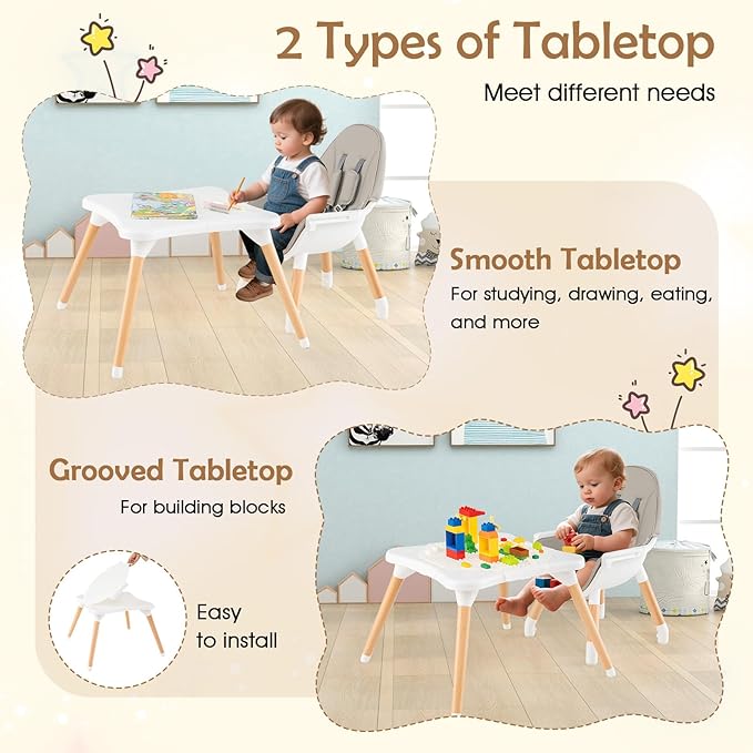 GLACER High Chair, 6-in-1 Convertible Wooden High Chairs for Babies and Toddlers w/Building Block Table, 5-Point Safety Harness, Removable Tray, PU Cushioned Baby High Chair for 6-36 Months (Grey)