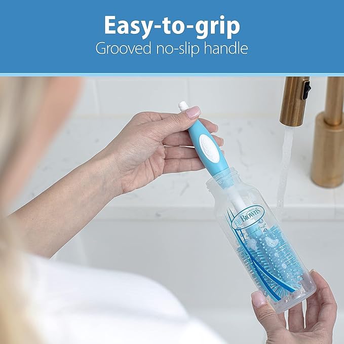 Dr. Brown's Anti-Colic Breast to Bottle Feeding Set with Slow Flow Nipples, Travel Caps, and Silicone Pacifier - Gray & Soft Touch Bottle Brush, Blue