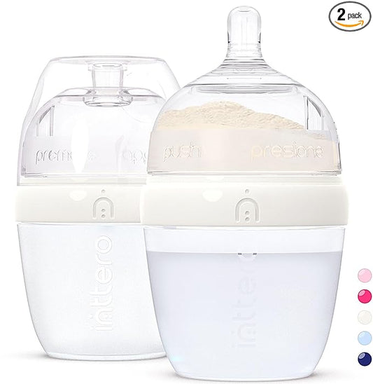 Baby Bottles with Built-in Formula Dispenser, Anti-Colic Wide Neck Design for Newborn Feeding and Everyday Baby Essentials, 6 Oz Slow Flow (2 Pack), Stylish White