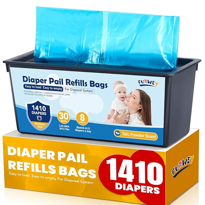Diaper Pail Refill Bags 30 Bags Per Refill，Compatible with Genie Easy Roll Signature Diaper Pails Holds Up to 5640 Newborn Diapers Talc Powder Scent 7 Layer Odor Barrier,Scented,1PACK (30 Bags)