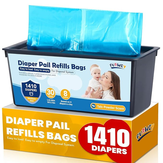 Diaper Pail Refill Bags 30 Bags Per Refill，Compatible with Genie Easy Roll Signature Diaper Pails Holds Up to 5640 Newborn Diapers Talc Powder Scent 7 Layer Odor Barrier,Scented,1PACK (30 Bags)