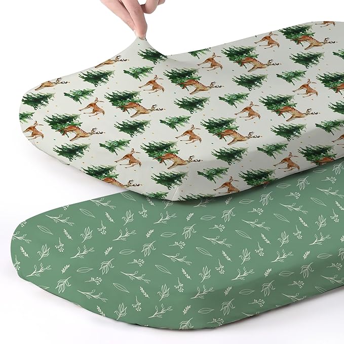 Stretch Fitted Bassinet Sheet Set BROLEX 2 Pack Cradle Sheets for Bassinet Pad/Mattress,Unisex Boys Girls,Ultra Soft,Sika Deer Foliage