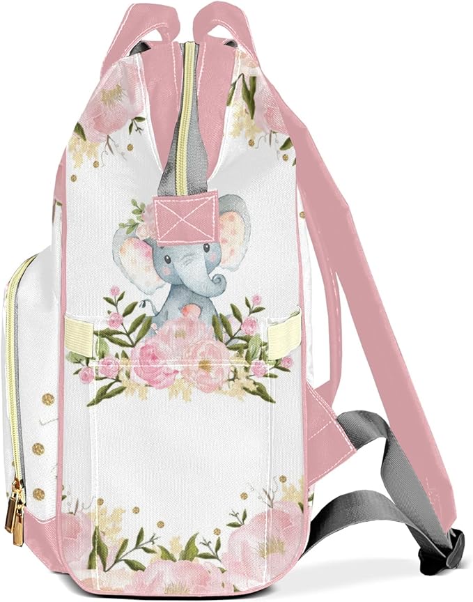 Pink Floral Elephant Mommy Bag for Baby Girl Custom Diaper Bag Backpack Waterproof Multi-Function Travel Camping Picnic Diaper Carrying Bag 10.8"x7.8"x15.7"
