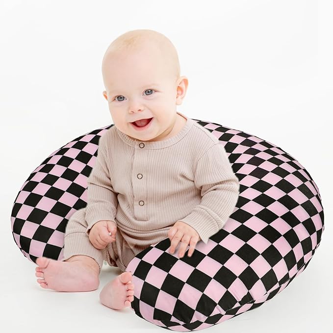 DILIMI Nursing Pillow Cover, Stretchy Removable Case for Breastfeeding Pillows, Ultra Soft Comfortable Slipcover for Baby Girl and Boy, Black Pink Checkered