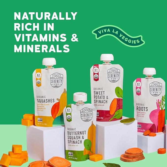 Serenity Kids 6+ Months Pureed Veggie Baby Food Pouches - USDA Organic Baby Food Stage 1 Puree - Organic Allergen-Free Toddler Snacks - On-the-Go Toddler Pouches - 3.5 Oz, Pack of 8