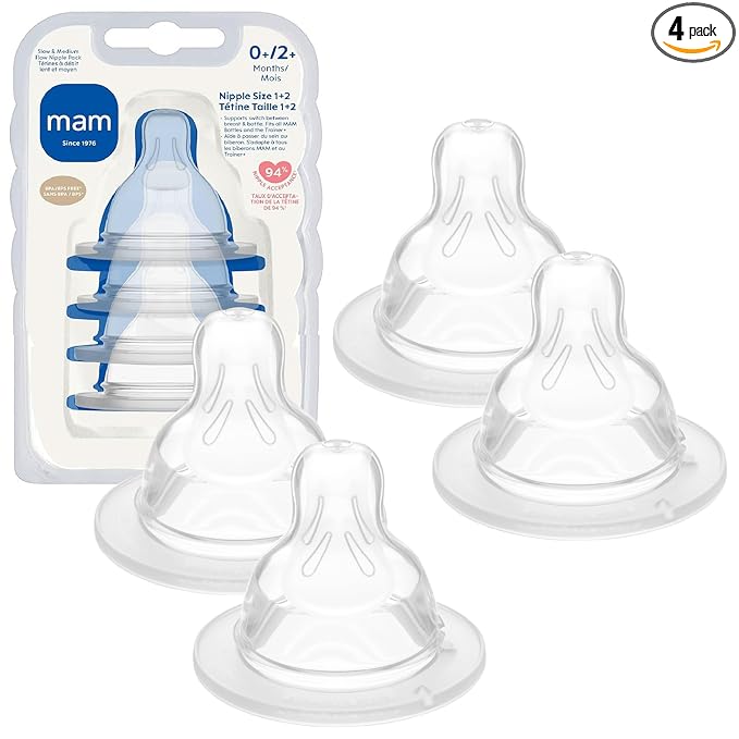 MAM Baby Bottle Nipple Mixed Flow Pack, Slow Size 1 and Medium Flow Size 2 for Babies 0+ Months, Skin Soft BPA Free Silicone, 94% Nipple Acceptance, Fits All MAM Bottles, 4 Pack, Made in Europe