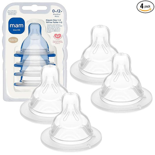 MAM Baby Bottle Nipple Mixed Flow Pack, Slow Size 1 and Medium Flow Size 2 for Babies 0+ Months, Skin Soft BPA Free Silicone, 94% Nipple Acceptance, Fits All MAM Bottles, 4 Pack, Made in Europe