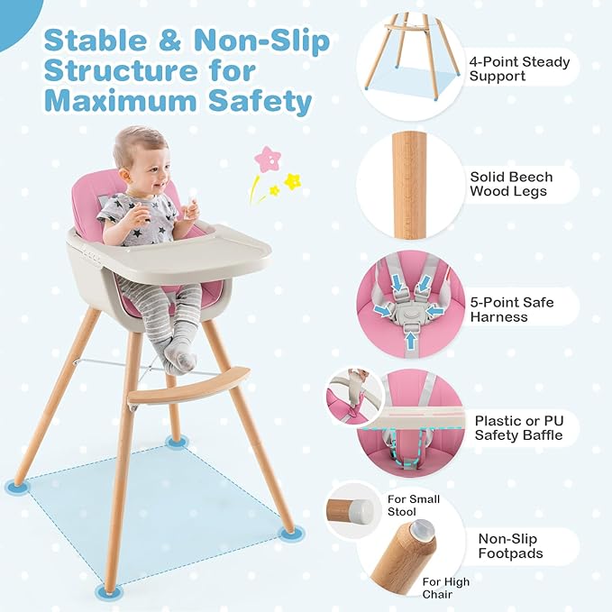HONEY JOY Baby High Chair, 6-in-1 Eat & Grow Wooden Highchair/Toddler Chair with Removable Tray, 5-Point Harness, PU Cushion and Footrest, Convertible High Chair for Babies and Toddlers(Pink)