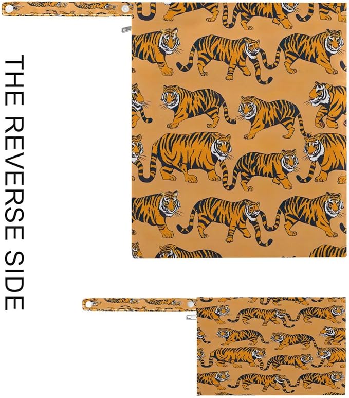 2 Pack Cute Tigers Cloth Diaper Wet Dry Bags,Waterproof Reusable Wet Bag with Two Zipper Pockets& Handle,Washable for Swimming,Travel,Beach,Pool or Wet Clothes
