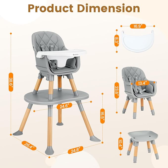 Ezebaby 8-in-1 Baby High Chair, Convertible High Chair for Babies and Toddlers/Booster Seat/Toddler Chair/Table & Chair Set/Kids Stool, Wood Highchair with Removable Tray, Seatbelt, PU Cushion (Gray)