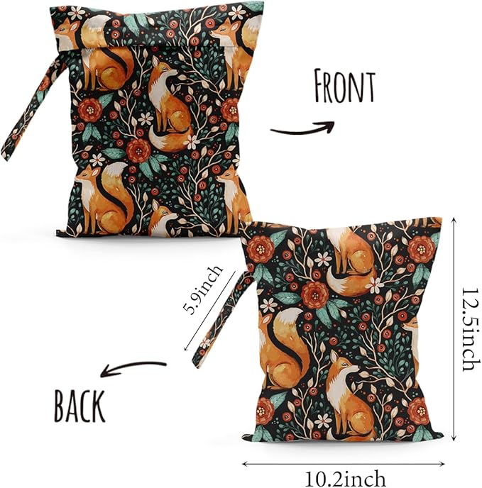 Waterproof Cloth Diaper Wet Dry Bag, Reusable Travel Beach Pool Daycare Soiled Toddler Items Yoga Gym Bag for Swimsuits or Wet Clothes Diaper Forest Animal Fox Wet Bag