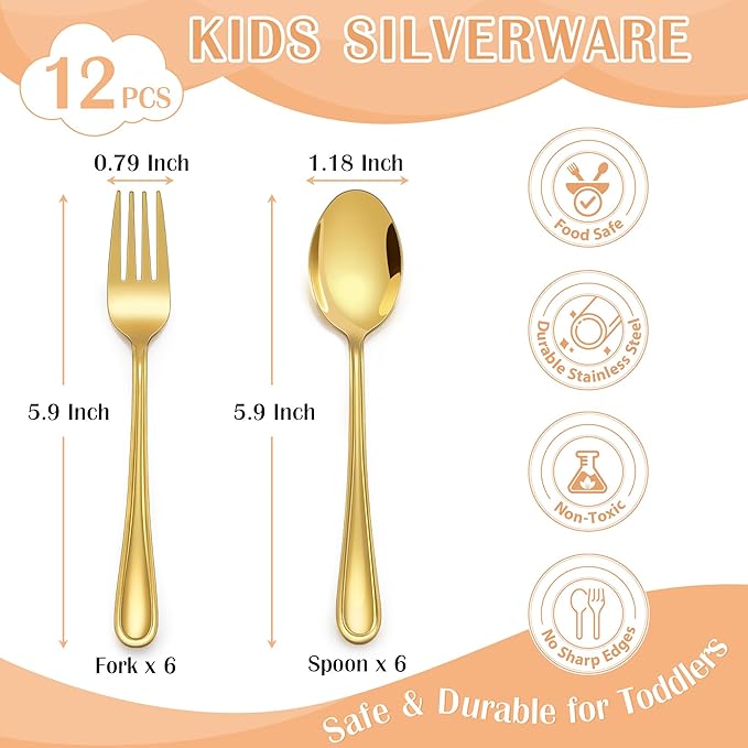 E-far 12-Piece Toddler Silverware, Stainless Steel Kids Utensils Forks and Spoons, Children Safe Mirror Polished Metal Cutlery Set for Self Feeding, 6 Forks & 6 Spoons(Gold)
