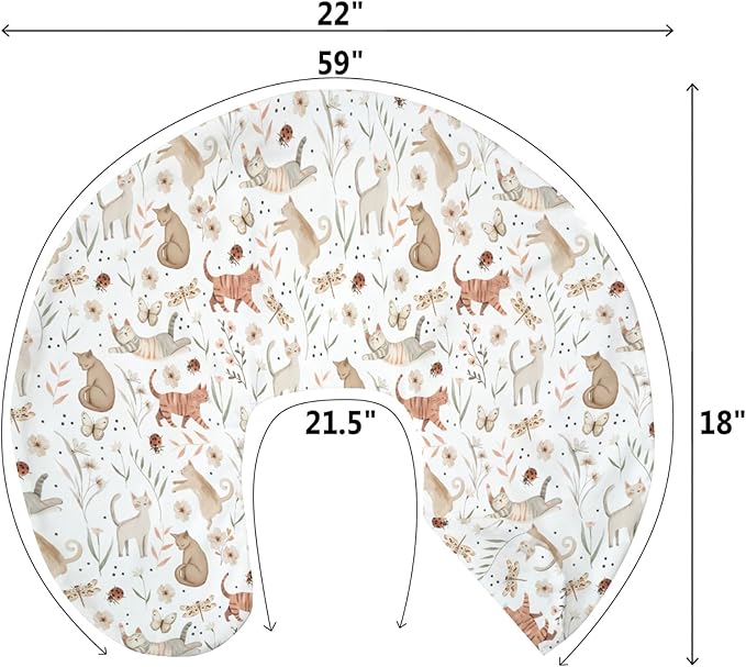 Cute Cat Boho Floral Leaves Baby Nursing Pillow Covers for Boy Girl Kittens Meadow Butterflies Nursery Pillowcase for Breastfeeding Pillows Cats Lover Gift Soft Stretchy Slipcovers for Newborn Infant