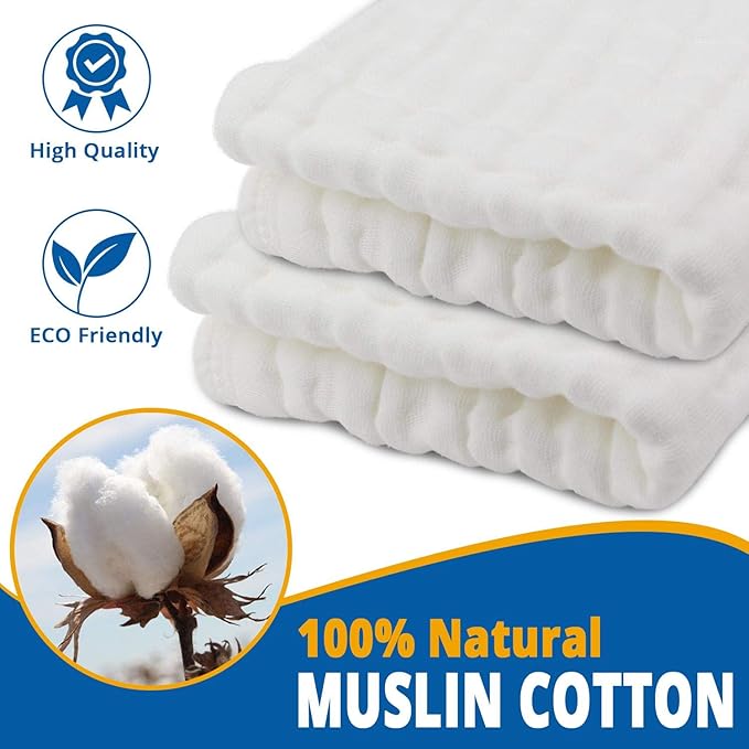 Muslin Burp Cloth for Baby Boys and Girls (8 Pack) | Cotton Newborn Essential Must Have Item | White Unisex Design | Super Soft and Absorbent Burping and Spit Up Cloths | Multi Use Baby Shower Item