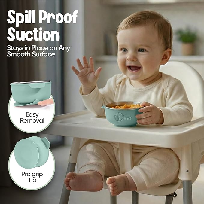 o'doe Suction Bowls for Baby - Non-Toxic Stainless Steel Baby Bowls 5" with Non-Slip Removable Silicone Shell - BPA-Free Toddler Bowls (Green + Rose + Beige)