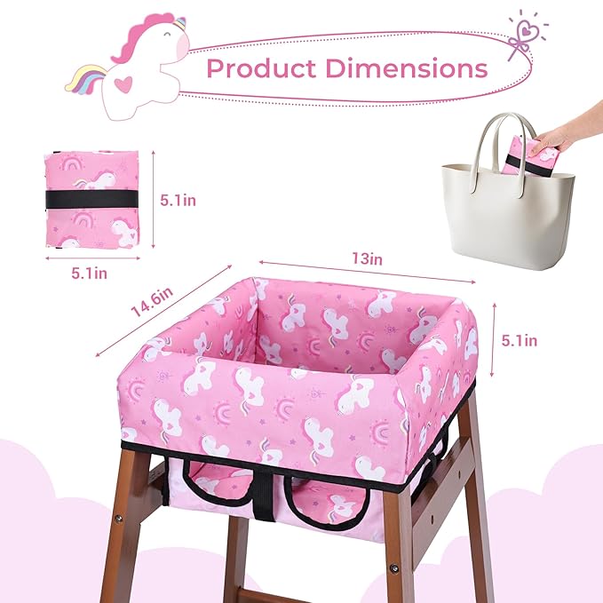 COOLBEBE Baby High Chair Cover with 3-Point Harness, Waterproof & Machine Washable Portable Seat Cover, Fits Wooden Chairs for Restaurant, Travel, Home & Dining Out, Pink Unicorn