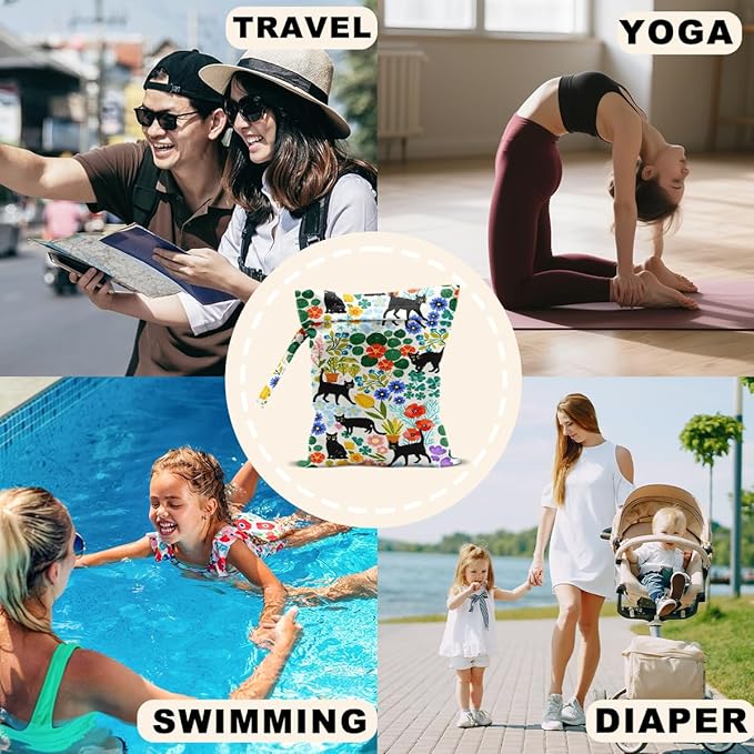 2Pcs Cat Wet Bags 12x10 Inch, Colorful Flowers Waterproof Travel Laundry Bags, Floral Reusable Wet Dry Bag for Swimsuit Pool Beach Diapers Dirty Yoga Gym Clothes, Cat Gifts for Women Friend Travelers
