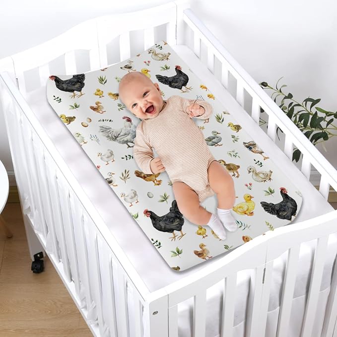 Spring Farm Animals Boho Leaves Changing Pad Covers Chick Rooster Hen Duck Eggs Baby Diaper Changing Pad Cover for Boy Girl Soft Breathable Stretchy Baby Changing Table Sheets Mats 32''x16''