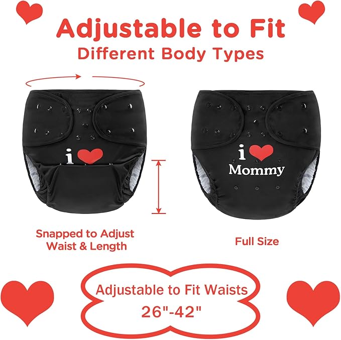 Littleforbig Washable Adjustable Reusable Waterproof Cloth Adult Diaper Wrap Cover One Size - I Love Mommy Black