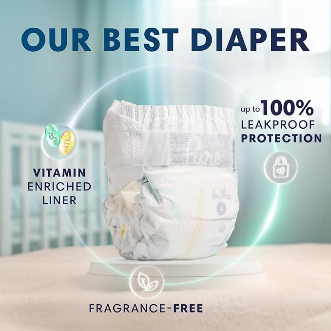 Pampers Pure Baby Diapers, Size 4 (22-37 lbs), 150, Up to 100% Leakproof, Premium Hypoallergenic Soft Diapers