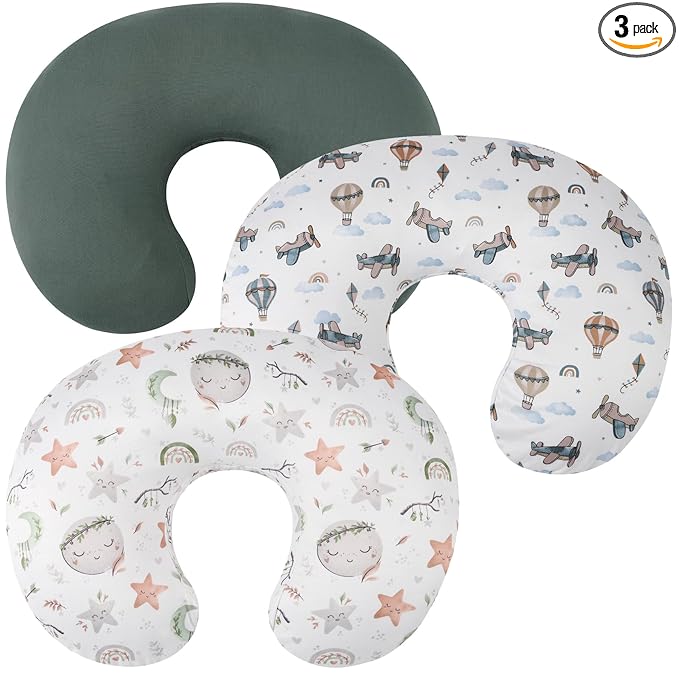 Nursing Pillow Cover Set 3 Pack Nursing Pillow Slipcovers for Moms Breastfeeding Moms, Ultra-Soft Stretchy Fit Standard Nursing Pillows Green/Moon/Cloud
