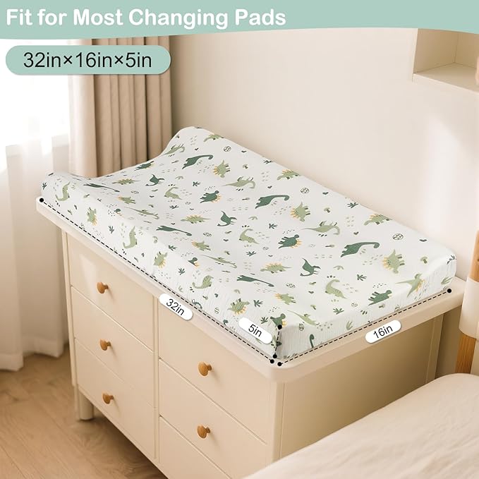 Basumee Muslin Changing Pad Cover Waterproof 2 Pack Baby Changing Table Covers for Boys and Girls Soft Breathable Nursery Diaper Change Table Cover Pad Fits 32"x16", Green Dinosaur