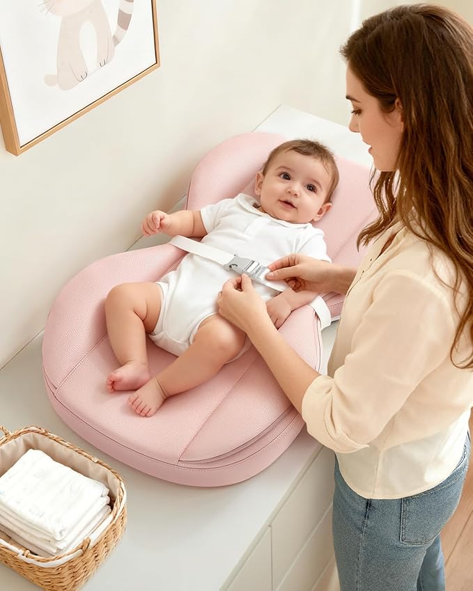 Baby Changing Pad with Waterproof & Wipe-Clean, Non-Slip PU Diaper Changing Pad, Adjustable Safety Belt, Changing Pad for Dresser, Changing Table,28"X16",Pink