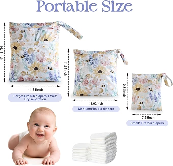 3 PCS Waterproof Wetbag, Wet Bags for Baby Cloth Diapers and Soiled Clothes, Reusable Wet Bag for Swimsuit and Towels with Double Zipper Pockets, Travel Beach Pool Essentials
