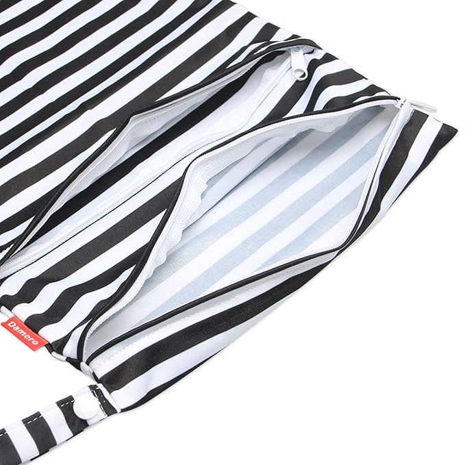 Damero Travel Wet and Dry Bag with Handle for Cloth Diaper, Pumping Parts, Clothes, Swimsuit and More, Easy to Grab and Go (Large, Black Strips)