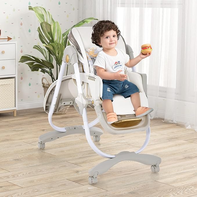 HOMGX Portable High Chair, Foldable Baby Feeding Chair with Adjustable Footrest & Backrest, Large Dishwasher-Safe Double Tray, Toddler Highchair for 6-36 Months, Grey