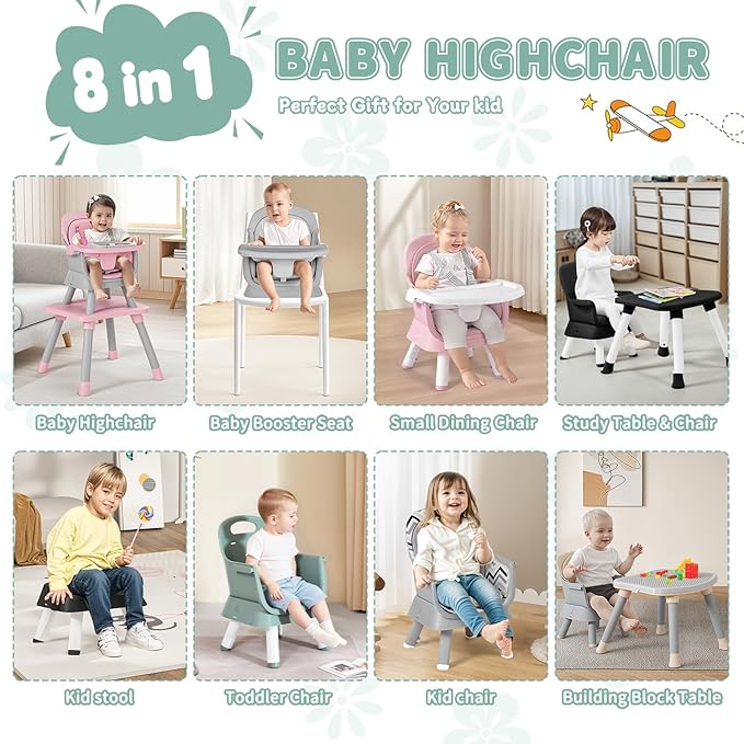 Kinder King 8 in 1 Baby High Chair, Coverts to Dining Booster Seat/Kids Table & Chair Set/Toddler Building Block Table/Kids Stool, Removable Tray & Double Seat Cover, Easy to Wipe, Green & White