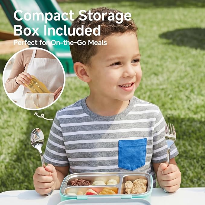 KINGSTONE Toddler Utensils Set, 2-Piece Forks and Spoons, 18/10 Stainless Steel Kids Silverware for Self-Feeding Training, Food-Grade Flatware Set with Storage Case for Traveling, Dishwasher Safe