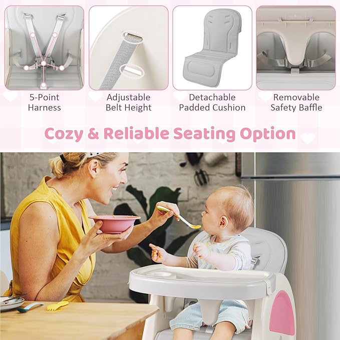 BABY JOY Baby High Chair, 8 in 1 Convertible High Chairs for Babies and Toddlers, Building Block Table and Chair Set, Adjustable Backrest, Removable Double Tray, Storage Boxes, Safety Harness (Pink)