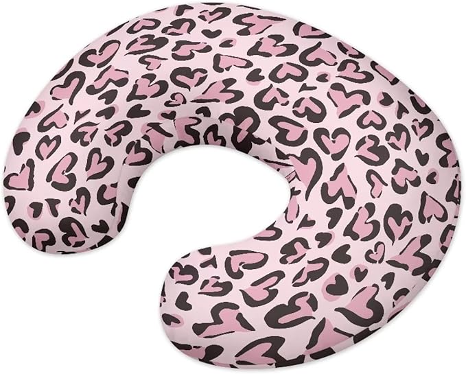 Pink Heart Leopard Feeding Pillow Cover Breastfeeding Pillow Covers for Breastfeeding Mom Soft Nursing Pillow Case Skin-Friendly U-Shaped Hidden Zipper Design